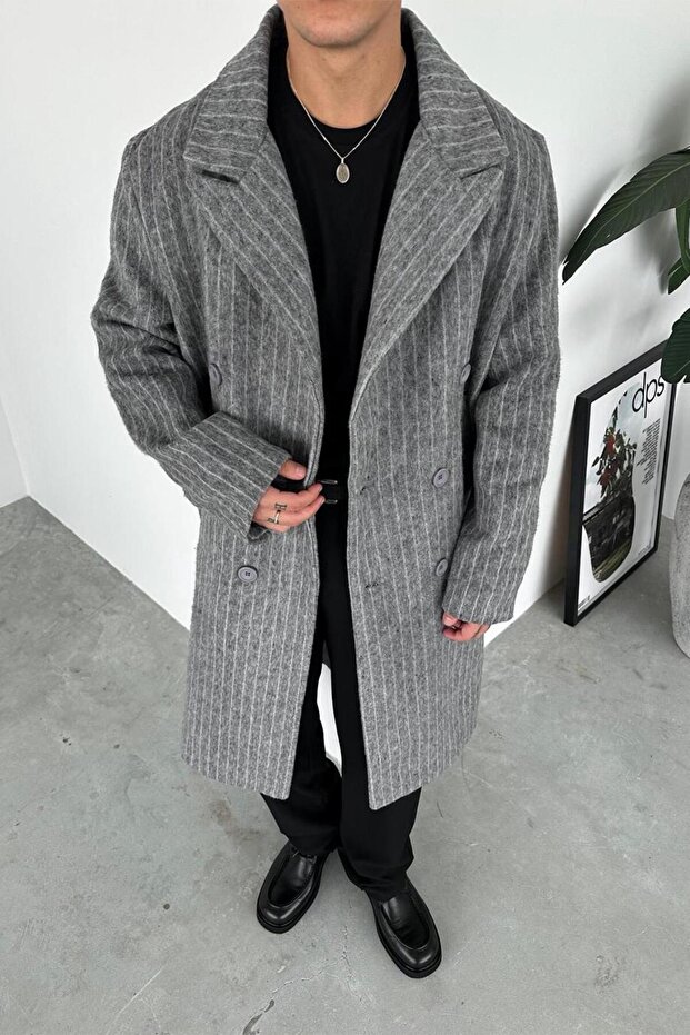 معطف كاش مايوه مخطط أساسي فاخر باللون الرمادي - 1