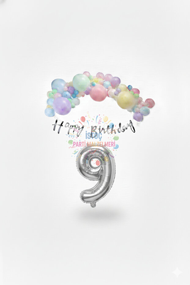 Happy Birthday Written Calligraphy Banner Macaron Balloon Set 9 Years Old Silver Set Birthday