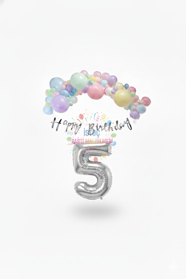 İstoç Happy Birthday Written Calligraphy Banner Macaron Balloon Set 5 Years Old Silver Set Birthday