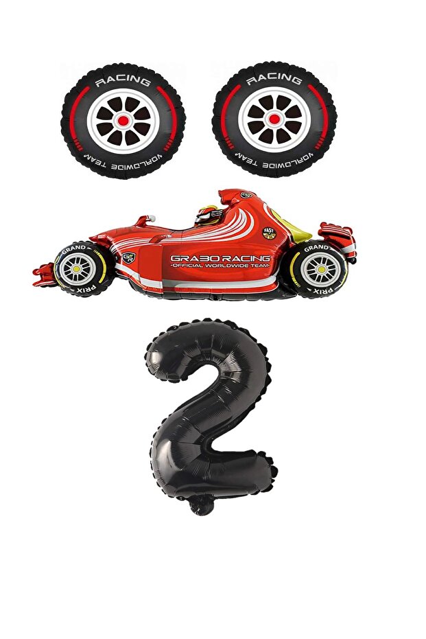Red Race Car Rubber and Black Figure Foil Balloon Set Age 2
