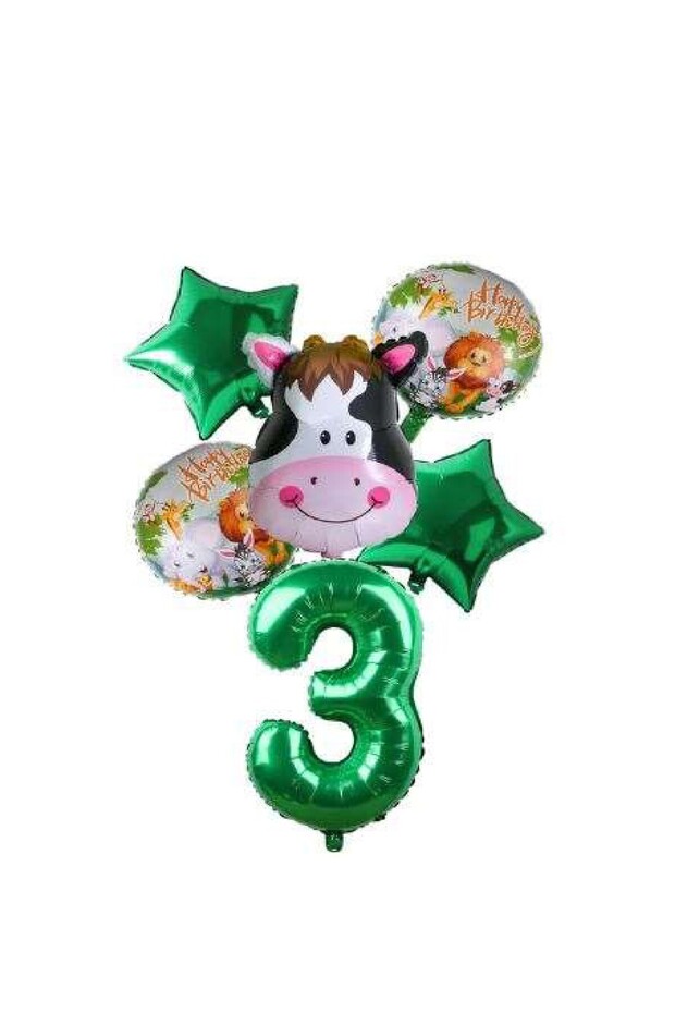 İstoç Green Number Star Cow Animal Foil Balloon Set Age 3