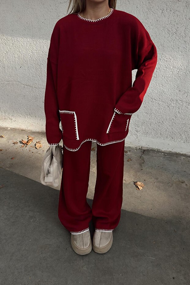 Kırmızı Çoban Dikiş Çift Cepli Oversize Kazak-Pantolon Örgü Kadın Alt-Üst Takım - 5