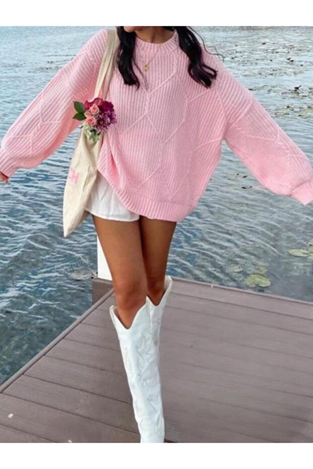 Triko Oversize Örgü Desen Kazak - 3