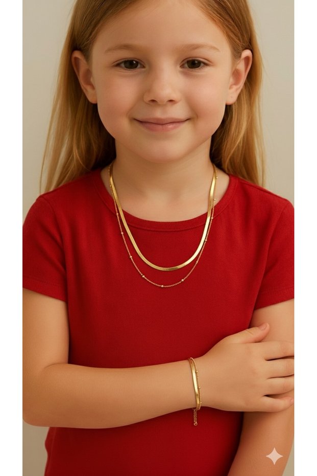 316 L Children's Italian Snake Model Set of 2 Necklace Bracelet Hypoallergenic Non-Tarnishing Stylish Elegant Gold