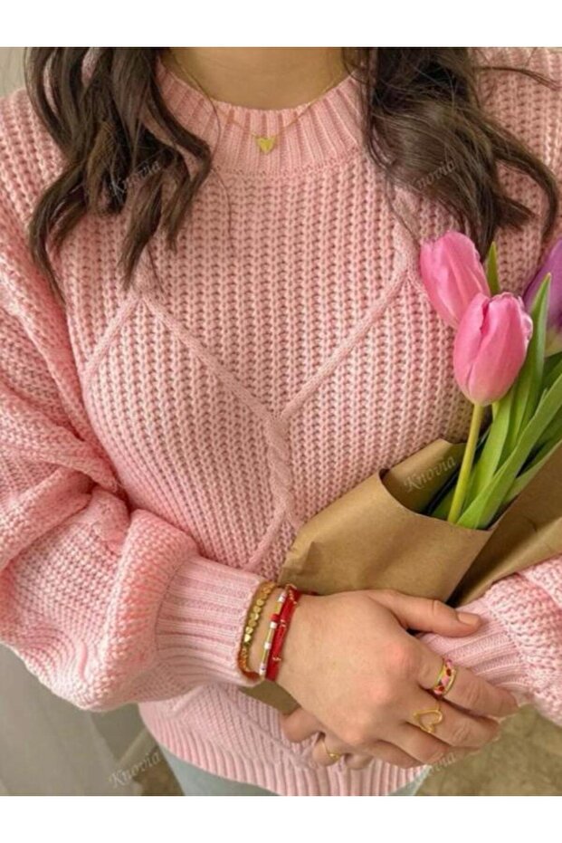 Triko Oversize Örgü Desen Kazak - 4