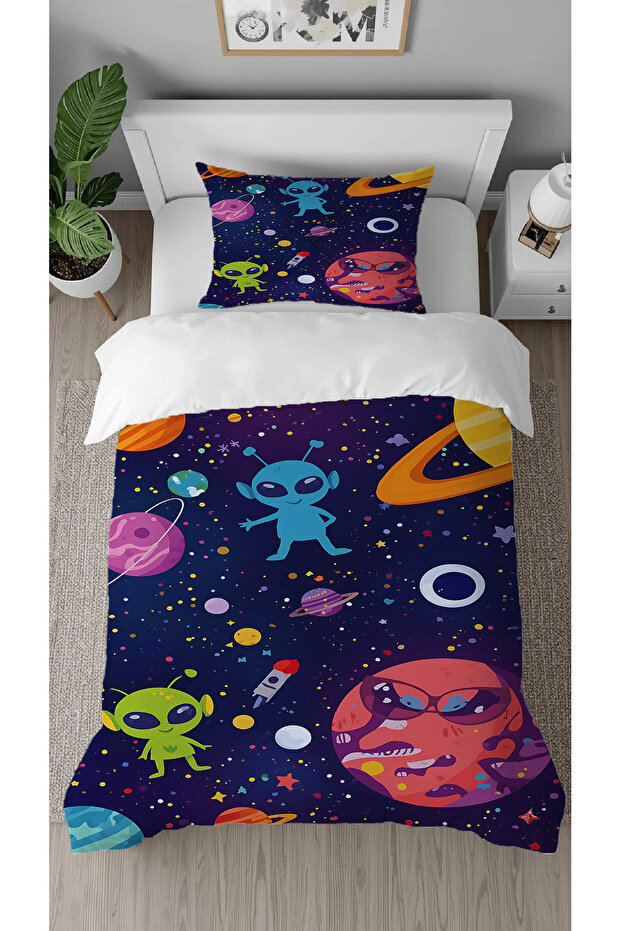 Alien Planet Patterned Digital Printed Special Design Single Children's Duvet Cover Set Without Sheets - 1