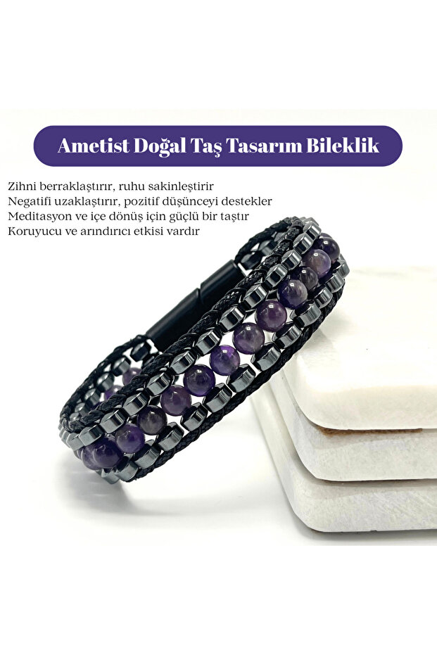 Certified Amethyst Stone Men's Bracelet – Steel Lock, Natural Stone Design, Stylish and Unique Accessory