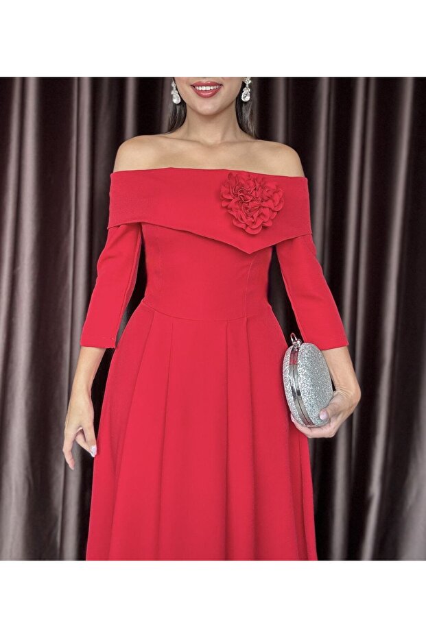 Zoee Üçlü Tek Gül Tasarım Madonna Yaka Uzun Kol Elbise (düğün/davet/mezuniyet/söz elbisesi) - 6