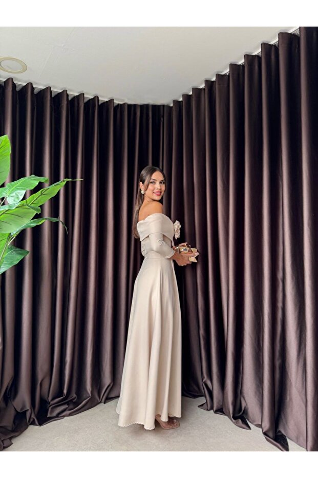 Zoee Üçlü Tek Gül Tasarım Madonna Yaka Uzun Kol Elbise (düğün/davet/mezuniyet/söz elbisesi) - 4