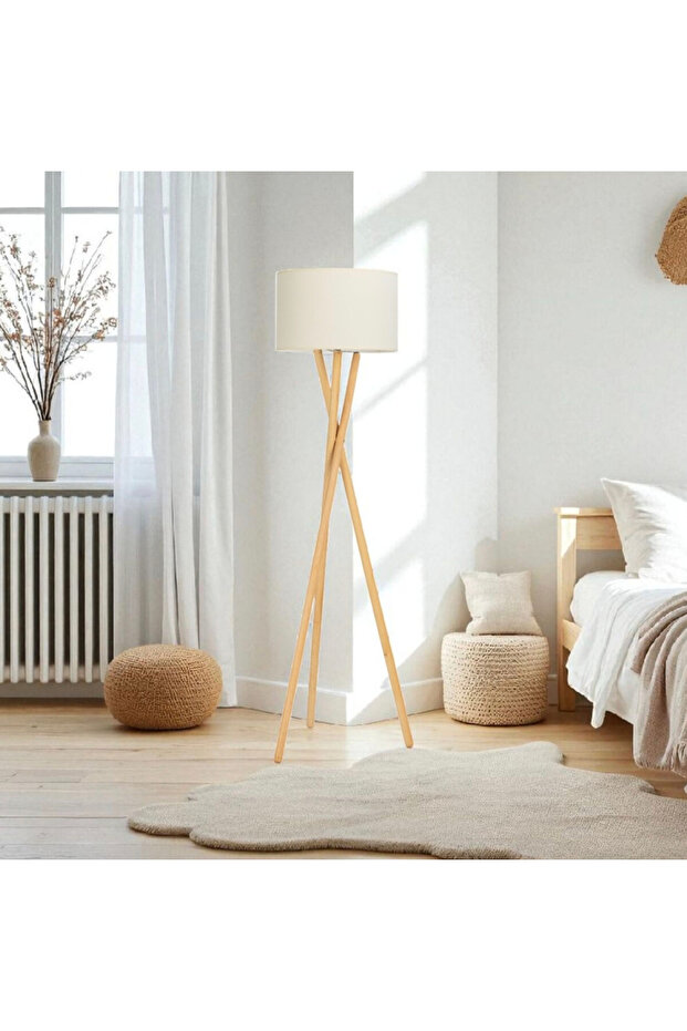 BOHEM AHŞAP AYAKLI TRİPOD KREM BAŞLIKLI LAMBADER - 1