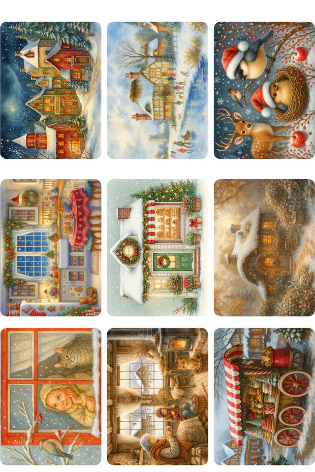 9 Pieces Glitter Postcard Set New Year Landscape Nostalgia Highland House Model -7