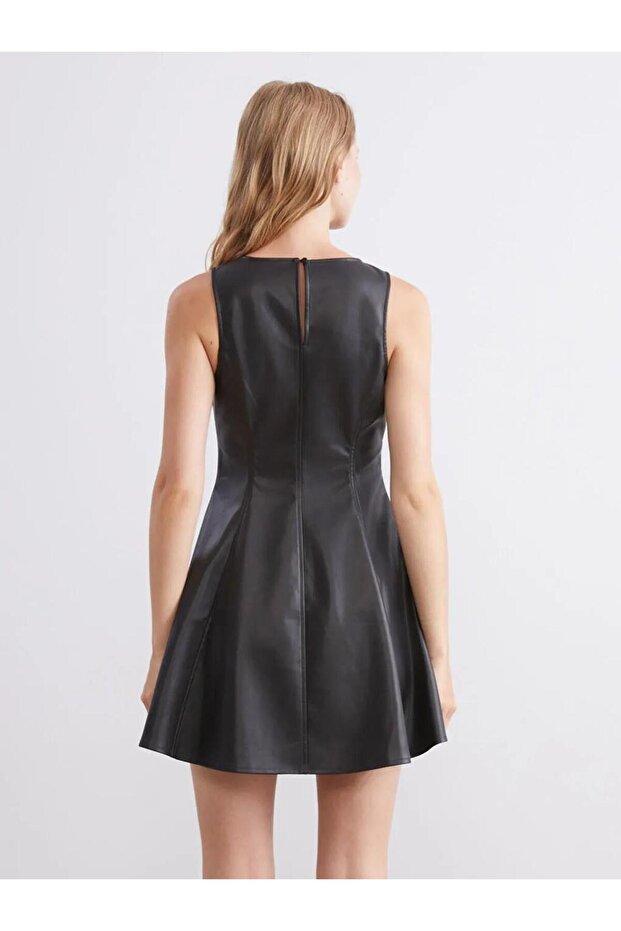 Bisiklet Yaka Deri Görünümlü Peplum Mini Elbise (W5) - 4