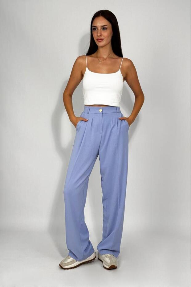 Women's Buttoned Pocket Wide Leg Pleated Palazzo Pants Indigo