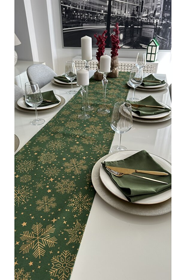 Yeni Yıl Temalı Yeşil Runner Yılbaşı Masası Yılbaşı Runner (PEÇETE DAHİL DEĞİLDİR ) - 4