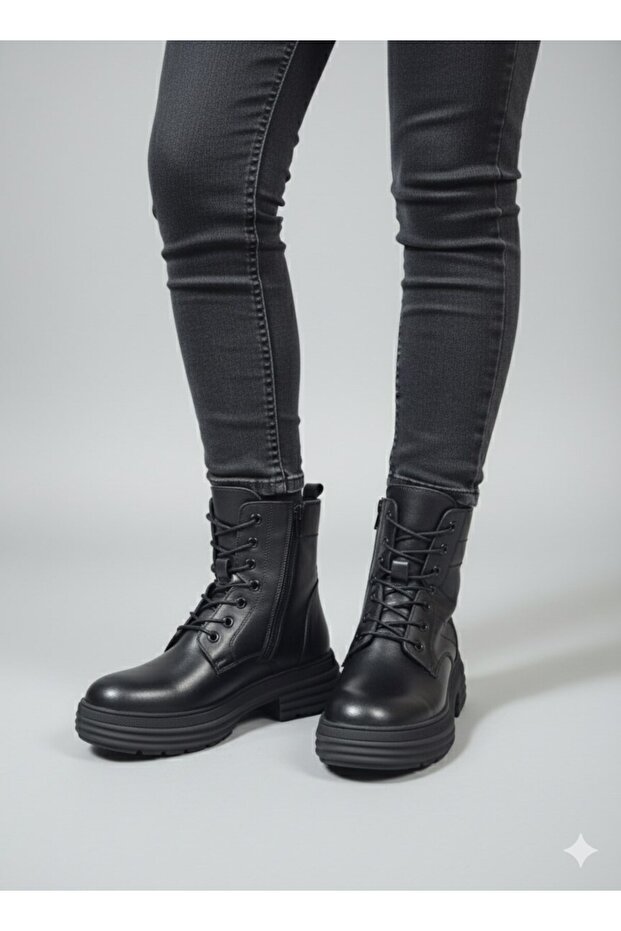 Lace-Up Zippered Thick Sole Non-Slip Genuine Leather Women's Boots Z328