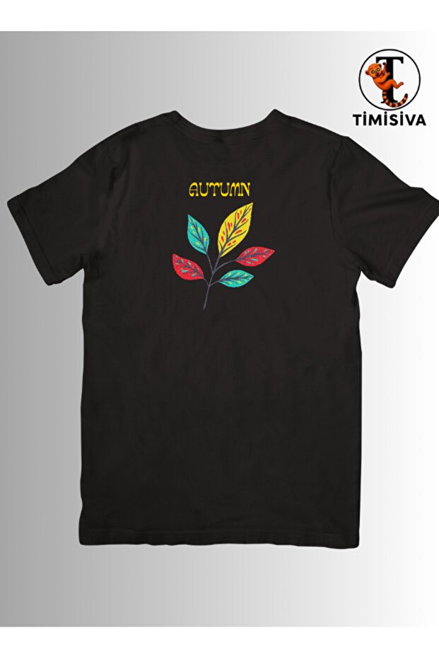 Unisex Oversize Leaf Printed Cotton Crew Neck Short Sleeve Black T-Shirt