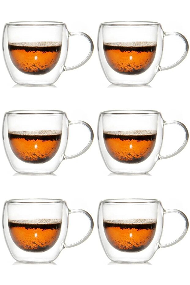 New Design Double Wall 250 ml Glass Mug with Handle, Tea Nescafe Cup, Dowry List, 6 Pieces 2037