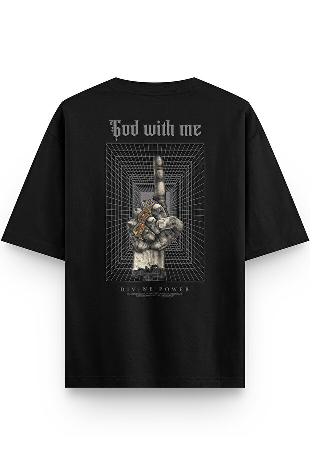 God with Me Back Printed Yarı Oversized Black Tshirt 1395