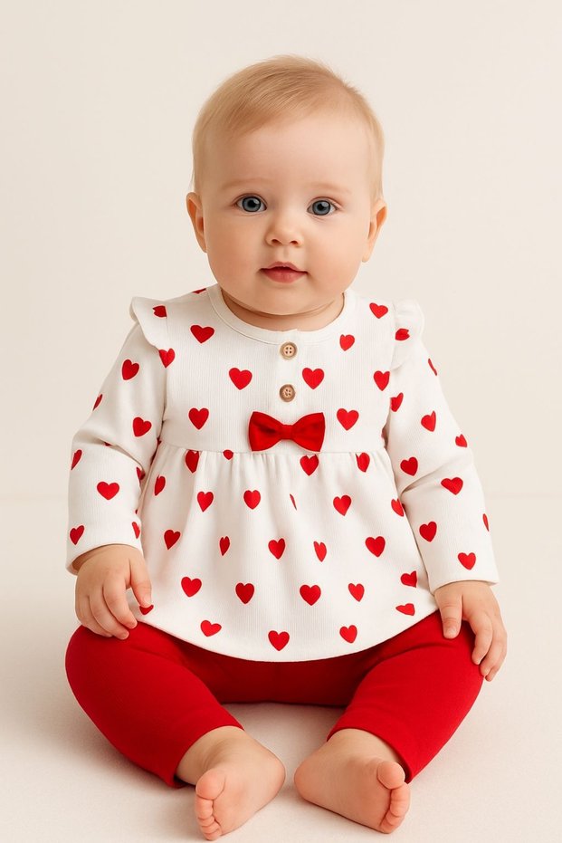 Baby Girl Heart Printed Ribbon Detailed Long Sleeve Bottom Top Baby Set 100% Cotton