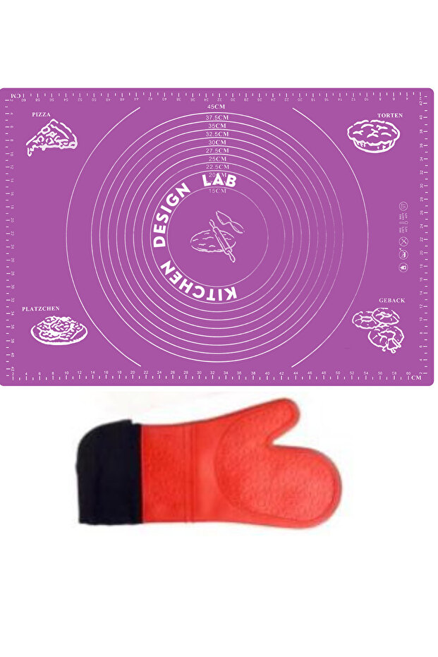 Set of 2 Purple 45x65 cm Silicone Dough Rolling Mat and Red Silicone Fireproof Kitchen Oven Mitts