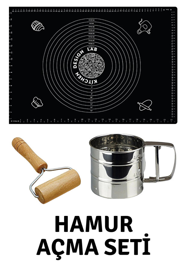 Black 45x65 Cm Silicone Dough Rolling Mat, Steel Flour Sieve and Dough Roller with Wooden Handle