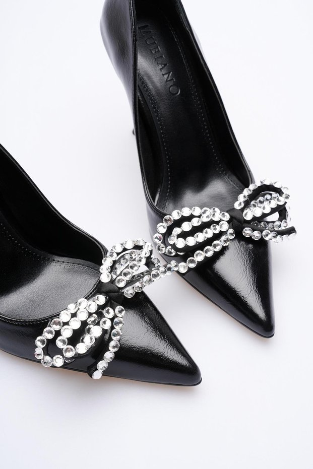 Women's Patent Leather High Heel Shoes 9.5 cm Stone Detailed Bow Black Cielle