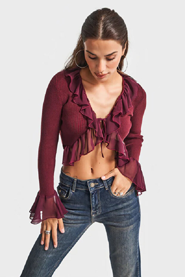 İtsbasic Kadın Triko Örme Kumaş Şifon Detaylı Volanlı Hırka Bluz - 2