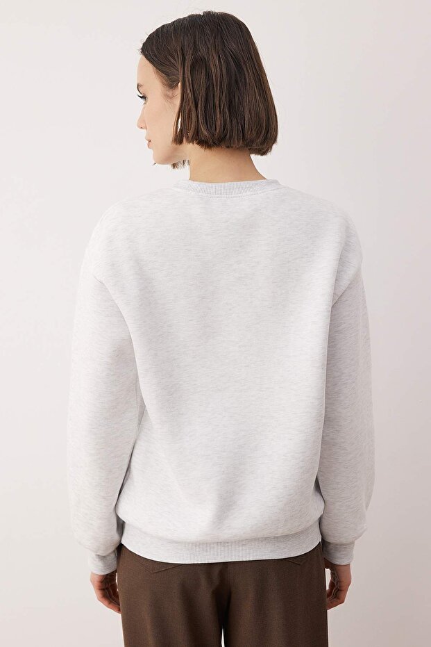 Gri Melanj Slogan Nakışlı Bisiklet Yaka Örme Sweatshirt TWOAW26SW00219 - 5