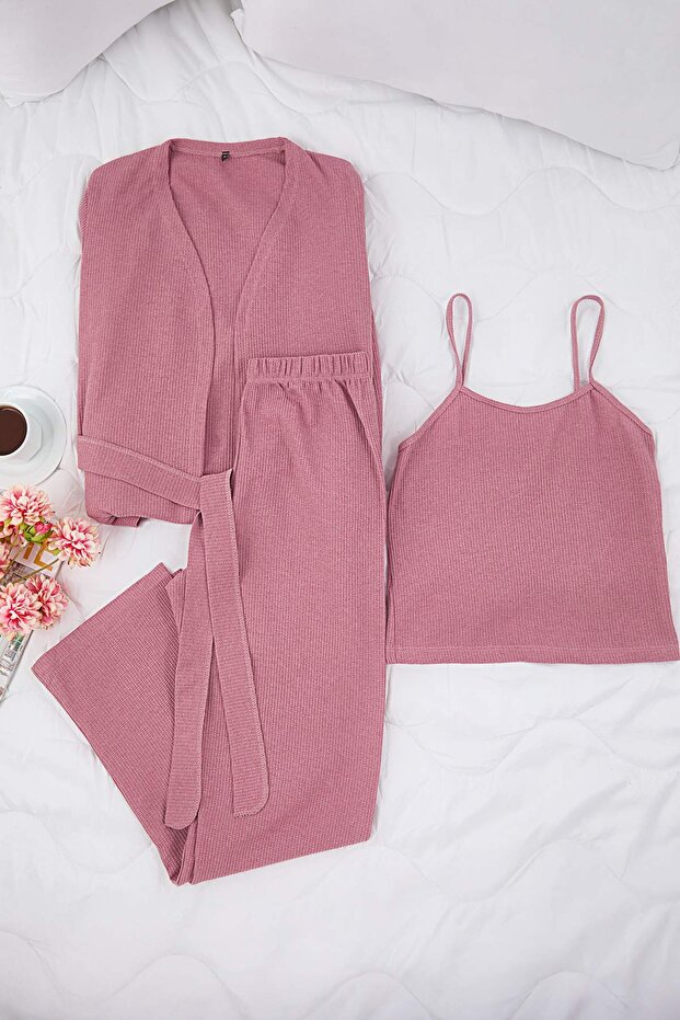 Gül Kurusu 3'lü Paket Pamuklu Fitilli Örme Pijama Takımı THMAW26PT00215 - 6