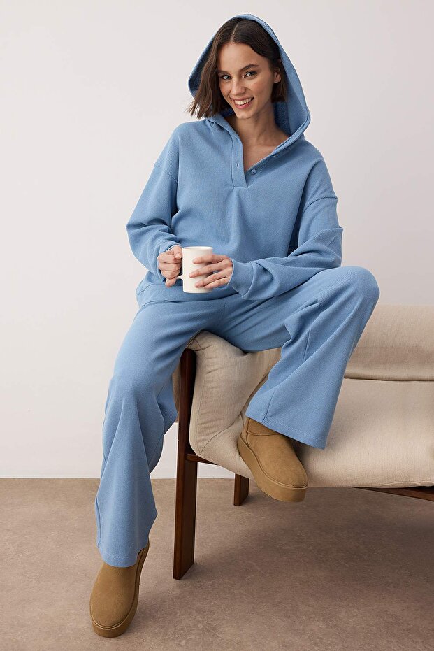 Blue Cotton Hooded Waffle Knitted Pajamas Set Thmaw26Pt00168