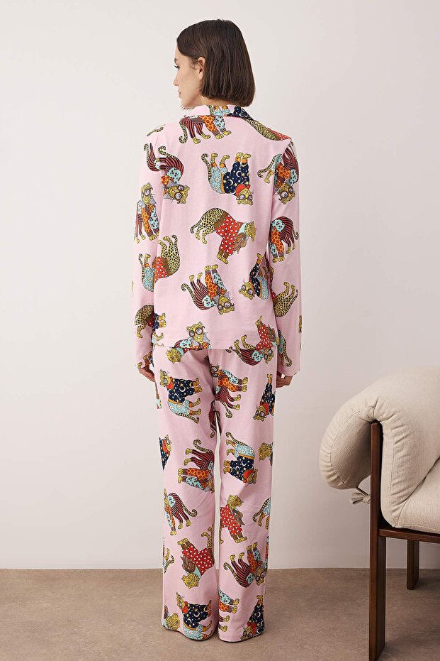 Pembe %100 Pamuklu Kaplan Baskılı Örme Pijama Takımı THMAW26PT00202 - 4