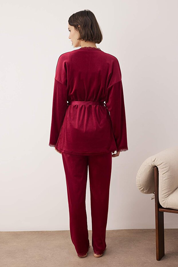 Bordo 3'lü Çeyiz Seti Dantel Detaylı Kadife Örme Sabahlık+Pijama Takımı THMAW26PT00191 - 5