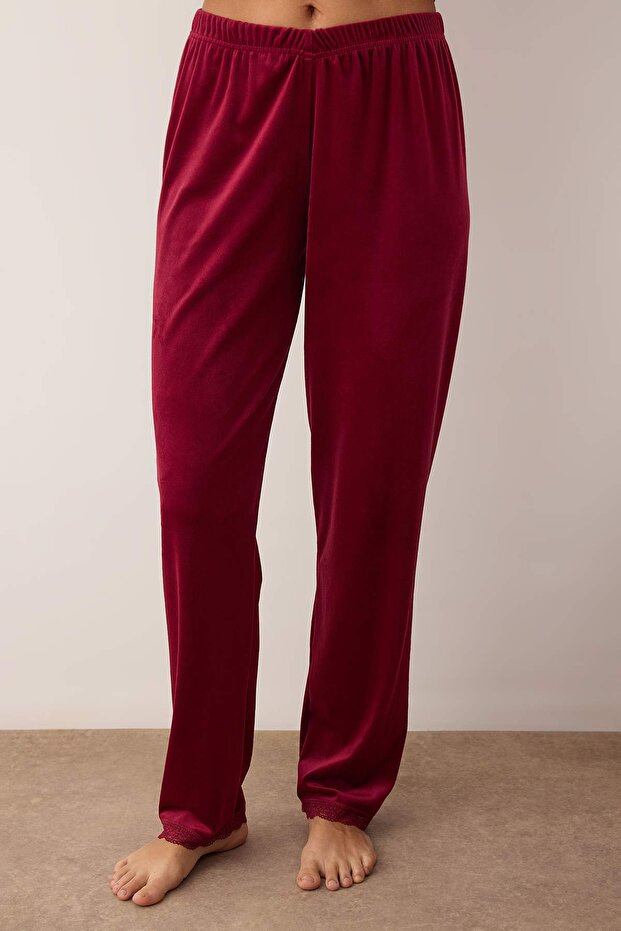 Bordo 3'lü Çeyiz Seti Dantel Detaylı Kadife Örme Sabahlık+Pijama Takımı THMAW26PT00191 - 4