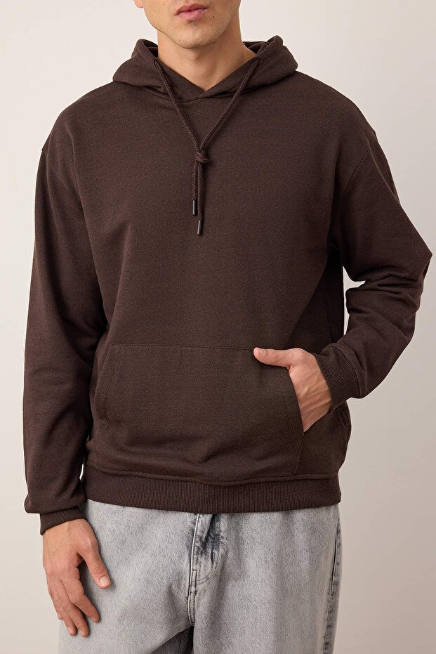 Koyu Kahverengi Oversize/Geniş Kesim Kapüşonlu İçi Polar/Sıcak Tutan Sweatshirt TMNAW23SW00195 - 3