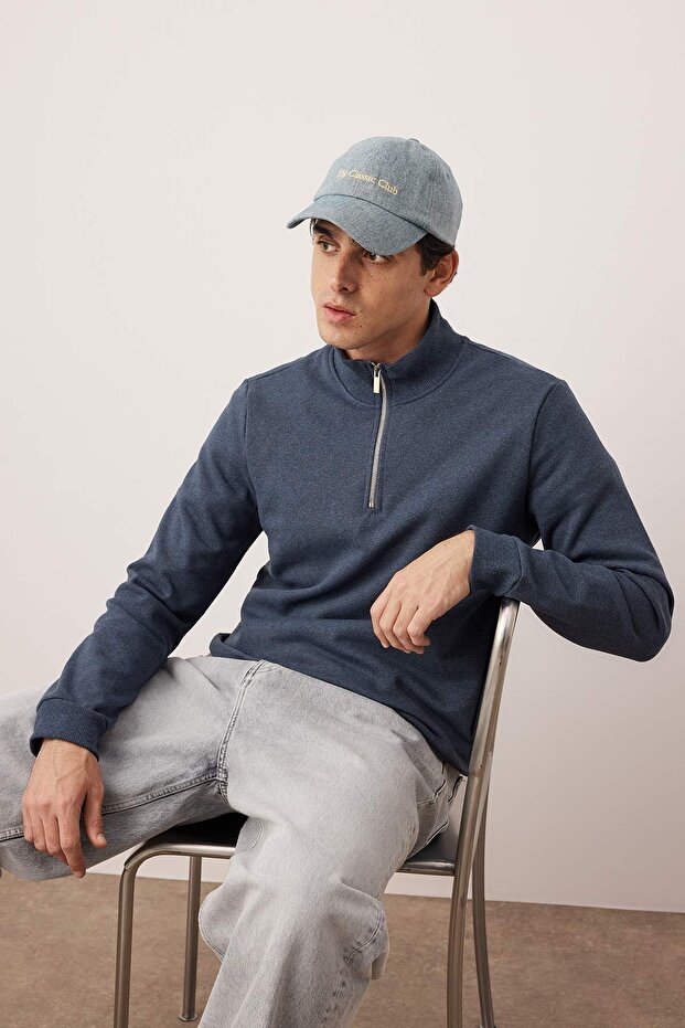 Indigo Regular/Normal Kesim Dik Yaka Kalın İçi Polarlı Sweatshirt TMNAW26SW00021 - 2