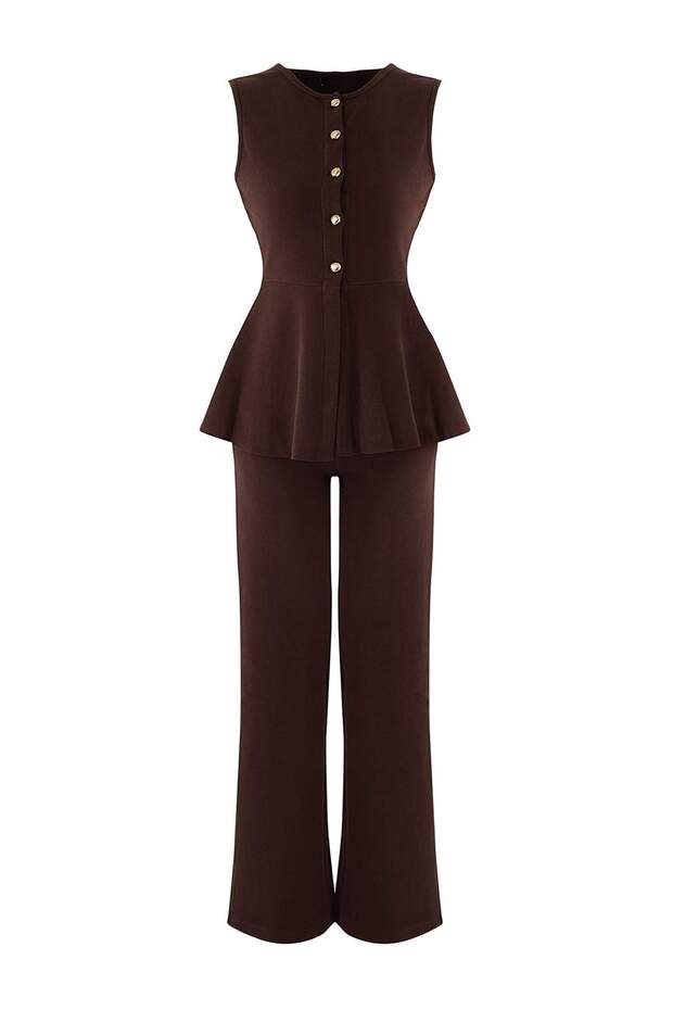 Kahverengi Selanik Düğmeli Belden Açılan Wide Leg/Palazzo Alt Örme Alt - Üst Takım TWOAW26AU00092 - 5
