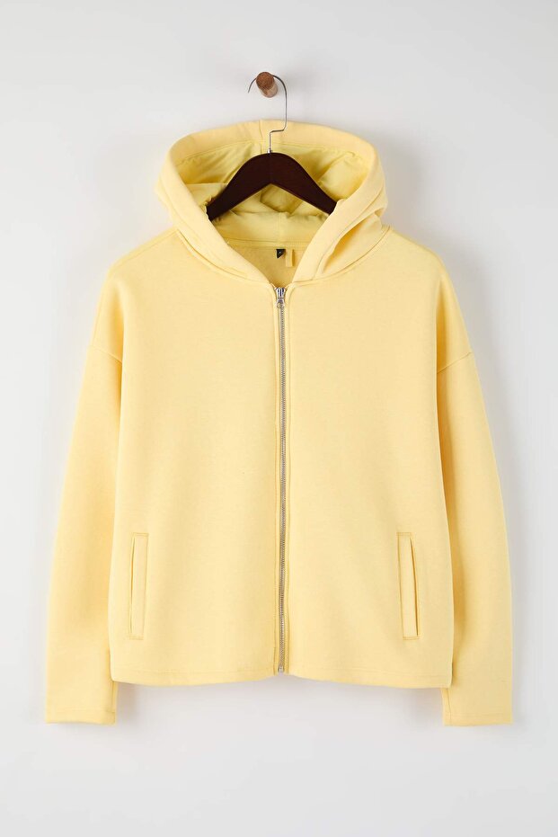 Açık Sarı Kalın İçi Polarlı Kapüşonlu Fermuarlı Oversize/Geniş Kesim Örme Sweatshirt TWOAW26SW00111 - 5