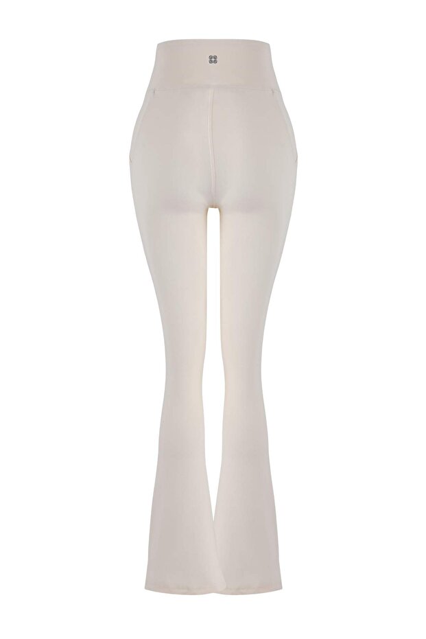 Ekru Fırçalı Soft Kumaş Reflektör Baskılı İspanyol Paça Yoga Örme Spor Tayt THMAW24TY00066 - 10