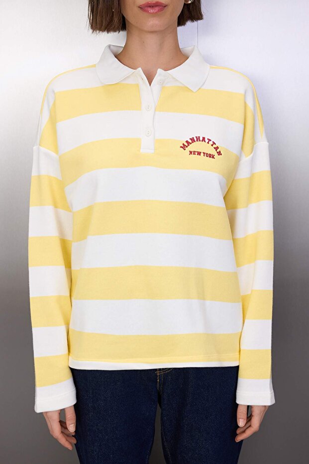 Açık Sarı Kalın Şardonsuz Polo Yaka Çizgili Nakışlı Örme Sweatshirt TWOAW26SW00062 - 3