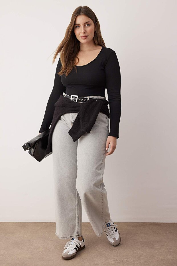 Siyah Kaşkorse Crop Örme Büyük Beden Bluz TBBAW26AF00057 - 1