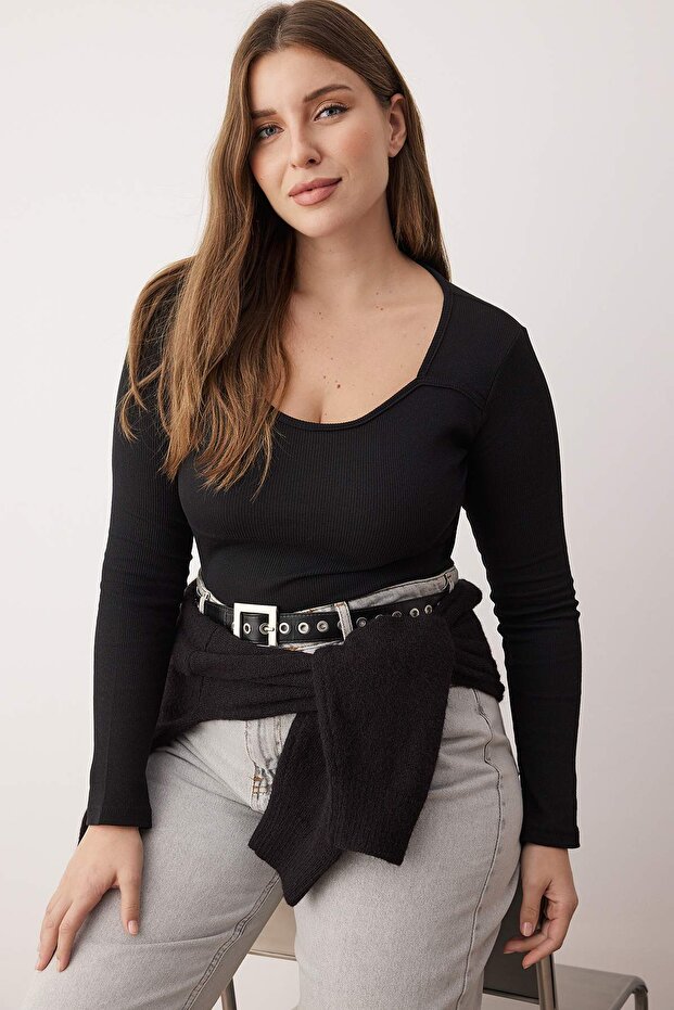 Siyah Kaşkorse Crop Örme Büyük Beden Bluz TBBAW26AF00057 - 2