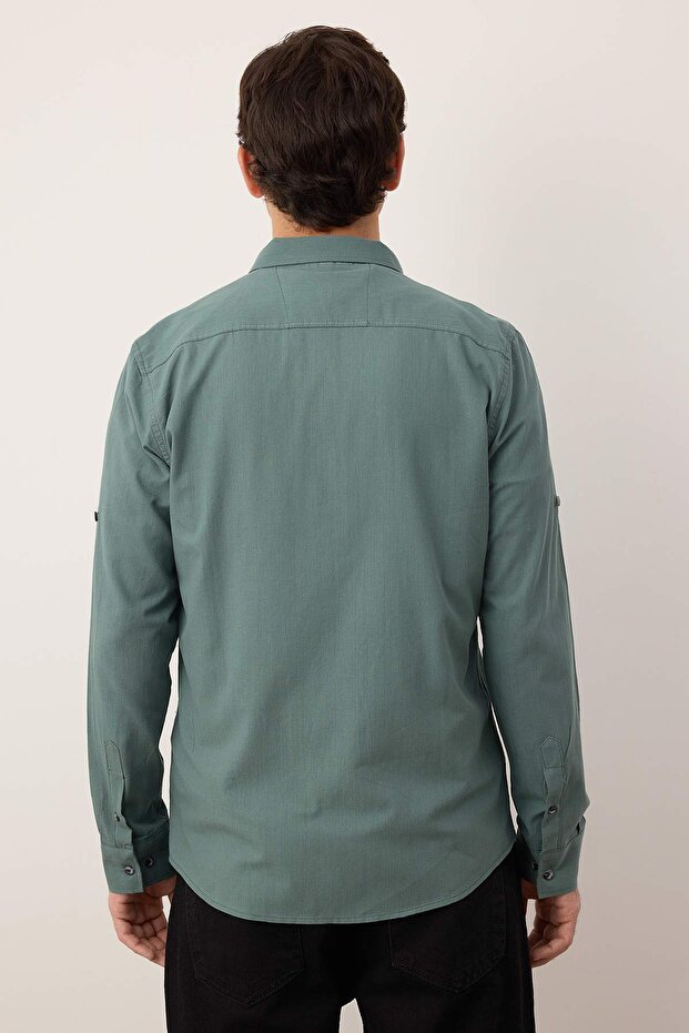 Koyu Yeşil Düğmeli Yaka Apoletli Slim Fit Uzun Kol %100 Pamuklu Keten Görünümlü Gömlek TMNSS20GO0189 - 4