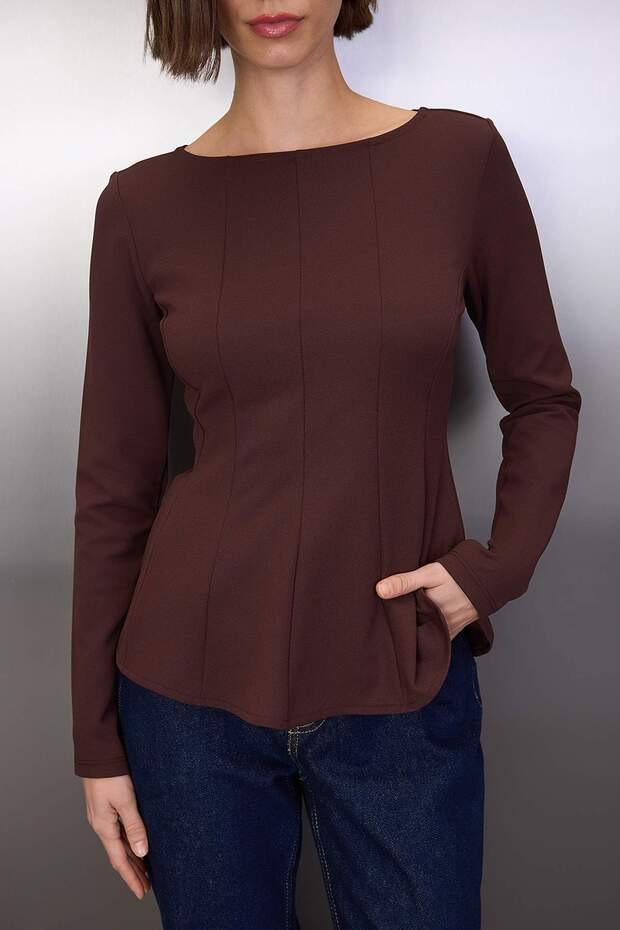 Kahverengi Kayık Yaka Peplum/Belden Oturmalı Regular Boy Örme Bluz TWOAW26BZ00166 - 3