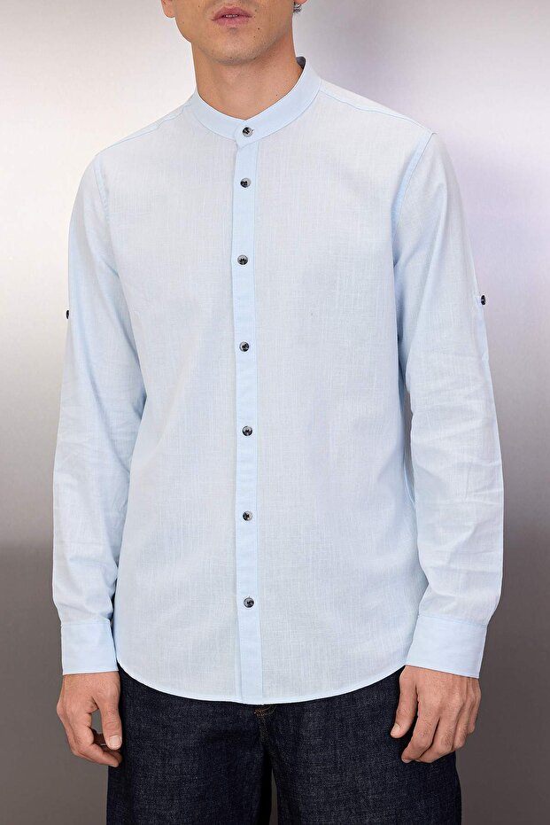 Mavi Basic Hakim Yaka Apoletli Slim Fit Uzun Kollu Keten Görünümlü Gömlek TMNSS20GO0188 - 3