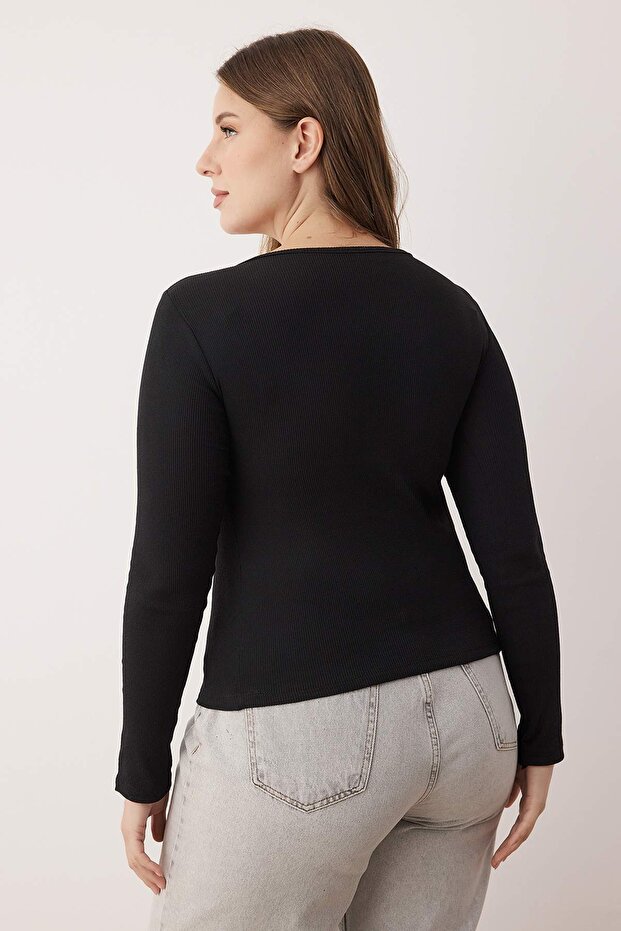 Siyah Kaşkorse Crop Örme Büyük Beden Bluz TBBAW26AF00057 - 4