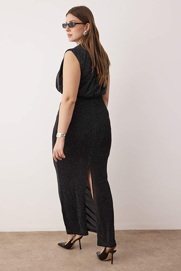 Siyah Tül Örme Maxi Boy Büyük Beden Elbise TBBSS25AH00247 - 5