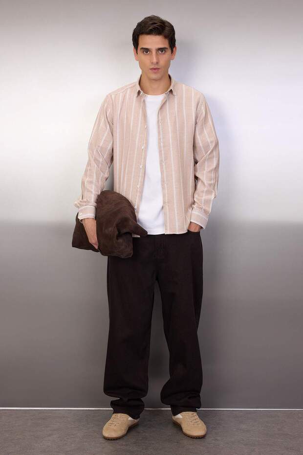 Taş Slim Fit Düğmeli Yaka Çizgili Gömlek TMNSS22GO0028 - 1