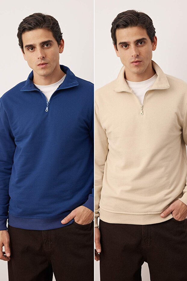 Navy Blue-Beige 2-Pack Stand Collar Regular Fit Fleece/Liner Warm Sweatshirt Tmnaw25Sw00205