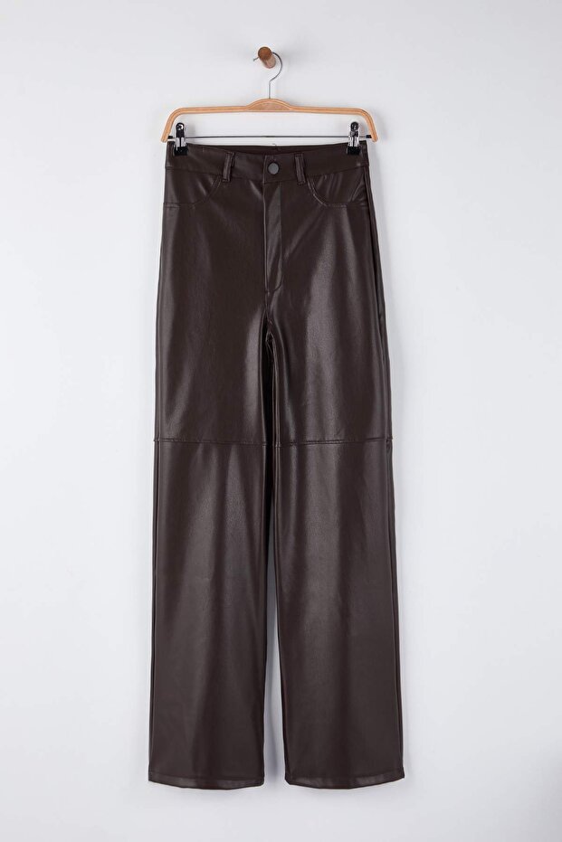 Kahverengi Relaxed/Rahat Straight/Boru Paça Dikiş Detaylı Örme Deri Pantolon TWOAW25PL00068 - 5