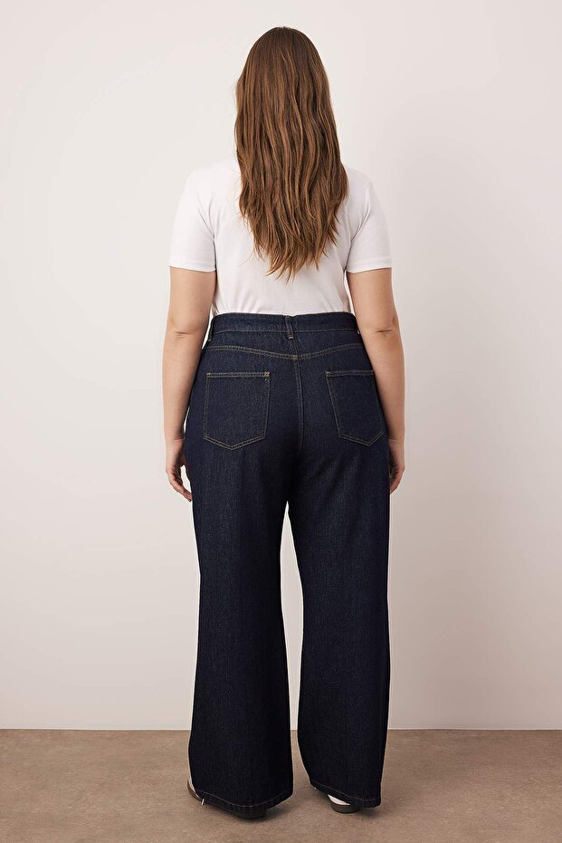 Koyu Mavi Dikiş Detaylı Yüksek Bel Büyük Beden Wide Leg Jeans TBBAW26CJ00054 - 4